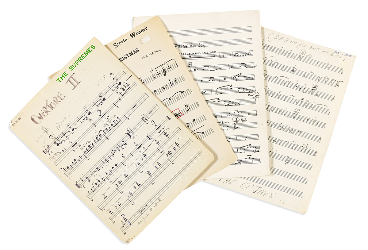 (ENTERTAINMENT--MUSIC.) Group of manuscript scores for 1960s R&B stars: the Supremes, Marvin Gaye, Stevie Wonder, and the O'Jays.